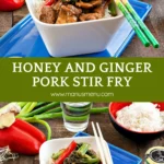 Honey and Ginger Pork Stir Fry served over steamed rice with broccolini and capsicum.