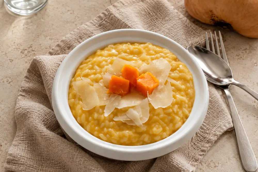 Creamy pumpkin risotto topped with Parmigiano Reggiano slivers and reserved pumpkin cubes.