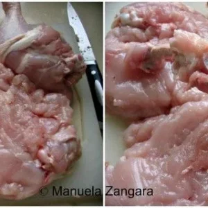 Chicken being deboned and flattened before stuffing.