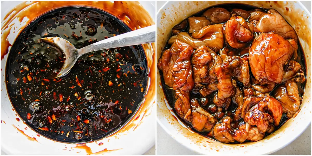 Honey and ginger marinade beside pork slices coated in sweet soy sauce.