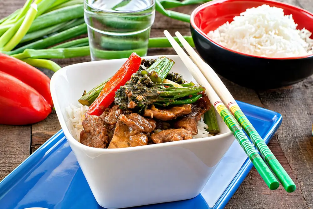 Honey and Ginger Pork Stir Fry served over steamed rice with broccolini and capsicum.
