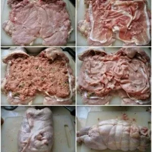 Deboned chicken layered with prosciutto, filling, and mortadella before rolling.