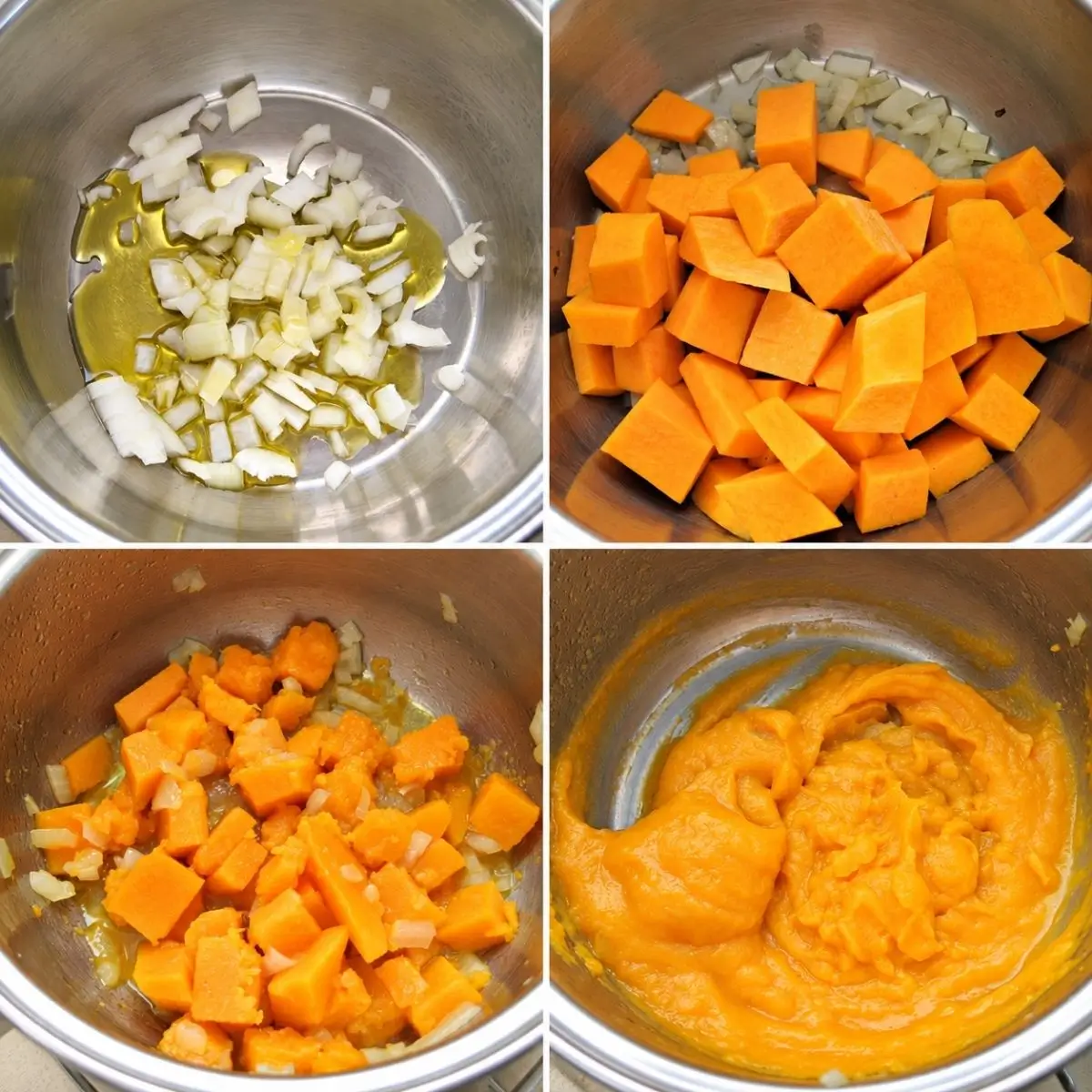 Pumpkin cooked with onion and blended into a smooth cream.