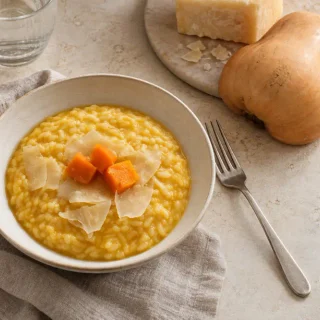 Pumpkin risotto with pumpkin cream added, followed by butter and grated Parmigiano Reggiano.