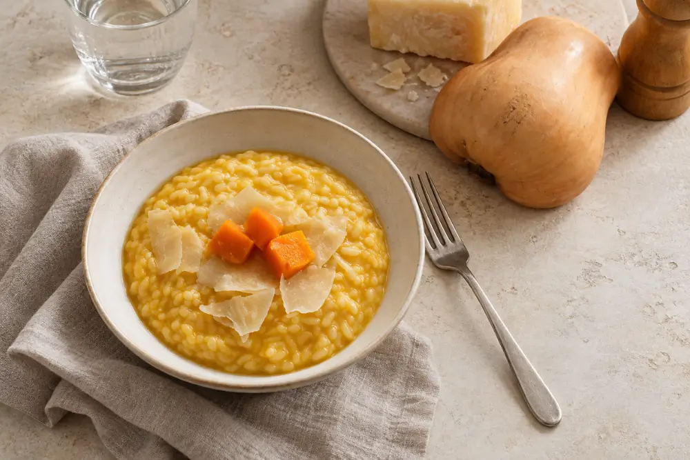 Pumpkin risotto with pumpkin cream added, followed by butter and grated Parmigiano Reggiano.