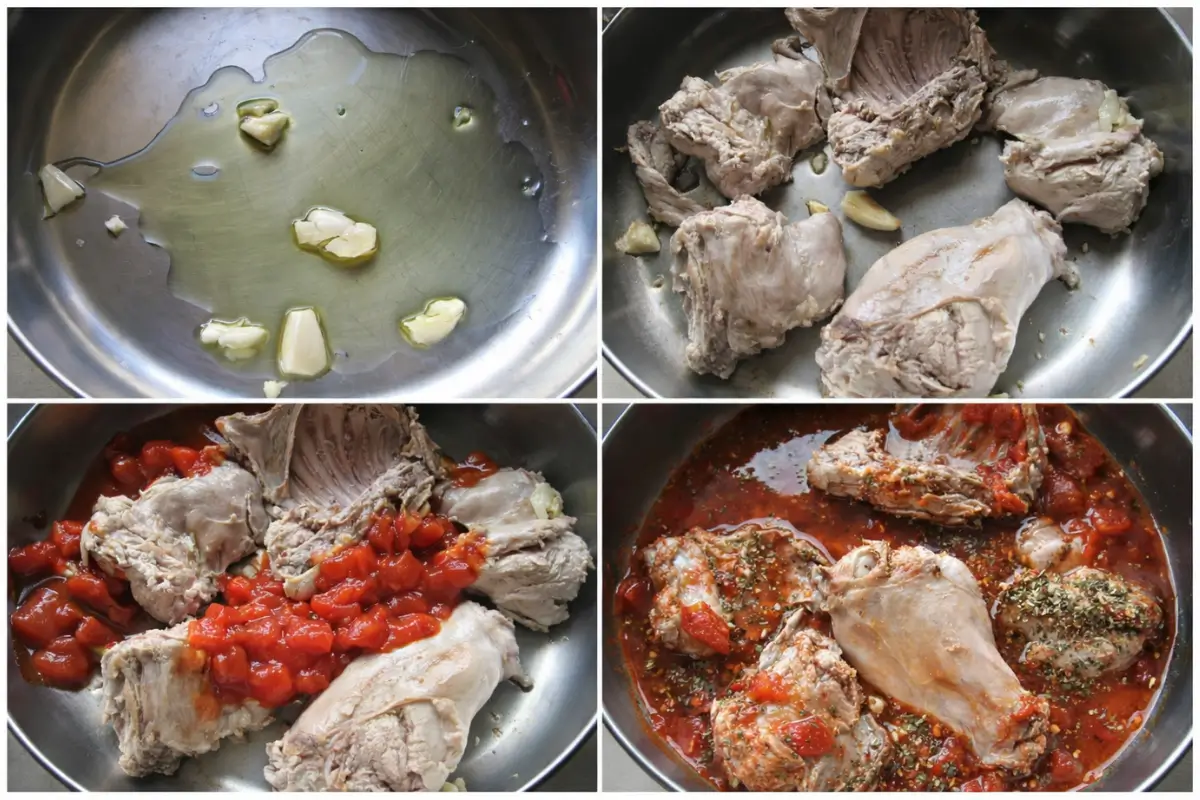 Garlic sautéing in olive oil, rabbit pieces cooking in the pan, then tomatoes and herbs added to form the sauce.