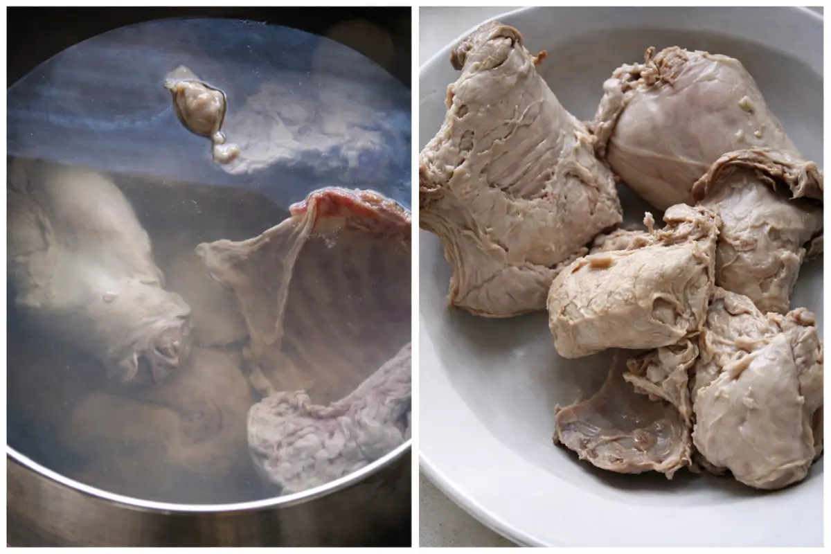 Rabbit pieces soaking in hot water followed by drained pieces.