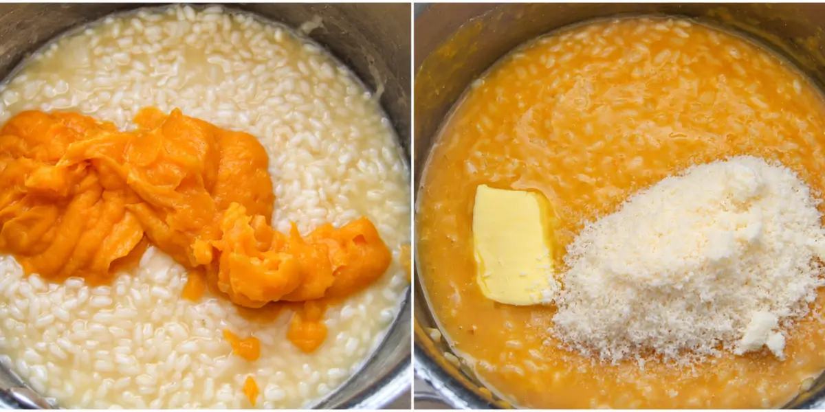 Onion cooking in olive oil, followed by rice, white wine and hot stock.
