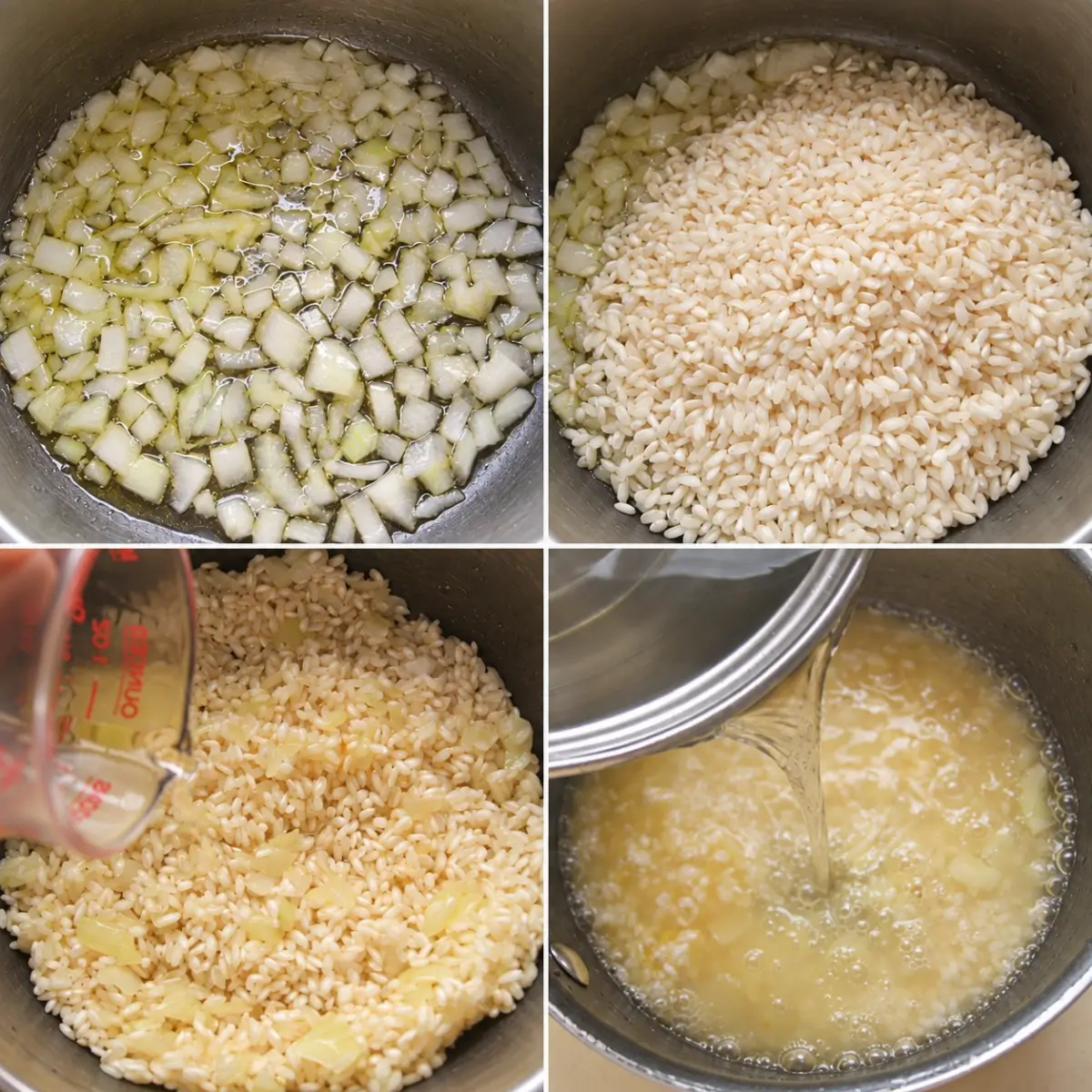 Onion and rice cooked with white wine before hot stock is added.