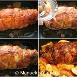 Chicken ballotine tied and roasted with wine, herbs, and apples in a baking pan.