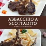 Close-up of grilled lamb cutlets with char marks, served with fries and lemon.