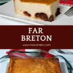 Slice of Far Breton served on a small plate beside a glass of milk.