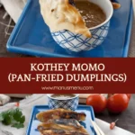 Pan-fried Kothey Momos served on a plate with tomato chutney and chopsticks.