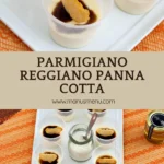 Platter of chilled savoury cheese panna cotta topped with balsamic glaze and Parmigiano crisps.