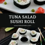 Sushi rolls displayed on a white serving board with chopsticks, ginger, and wasabi.