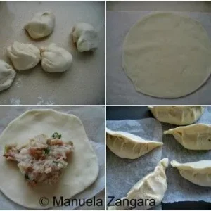 Step-by-step collage showing dough rounds filled with pork mixture and shaped into momos.