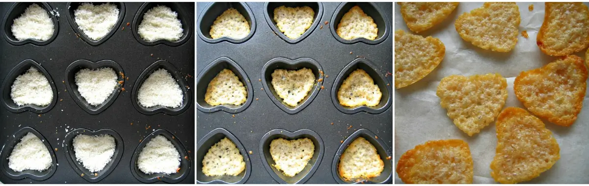 Collage showing grated Parmigiano in heart moulds before baking, melted in the tray, and crisp cheese hearts cooling on parchment.