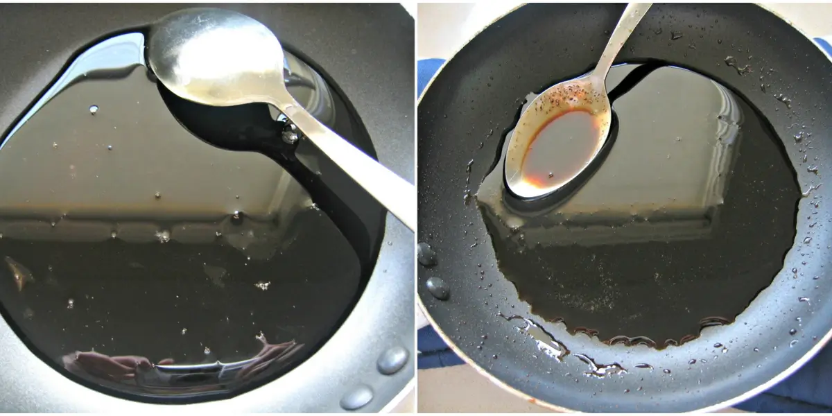 Collage showing balsamic vinegar and honey in a saucepan before and after simmering to a thick glaze.
