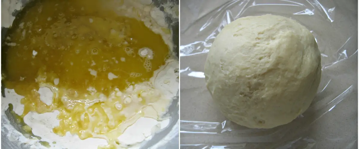 Dough ingredients being mixed, then shaped into a smooth ball and left to rest.