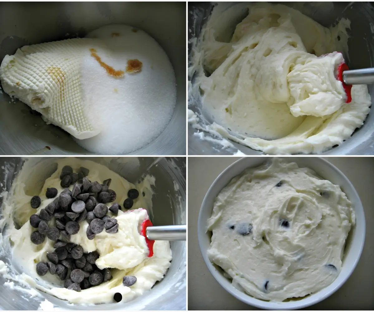 Ricotta mixed with sugar and vanilla, then combined with chocolate chips for the filling.