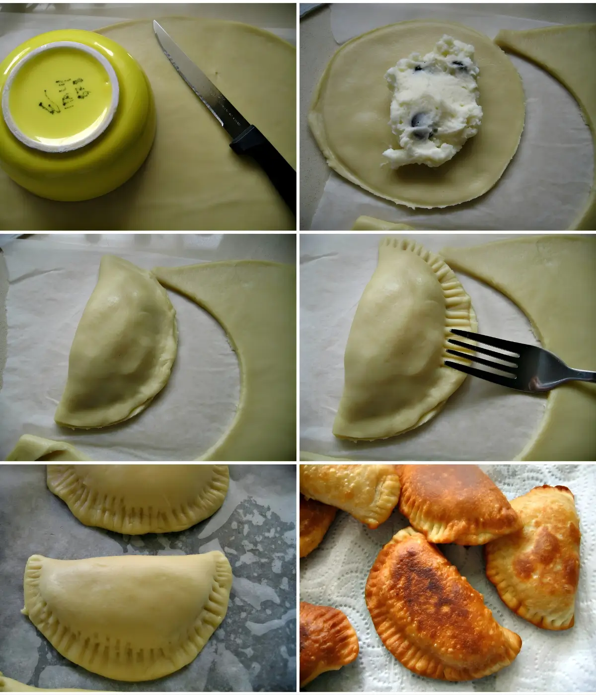Dough discs cut, filled, sealed with a fork, and fried until golden.