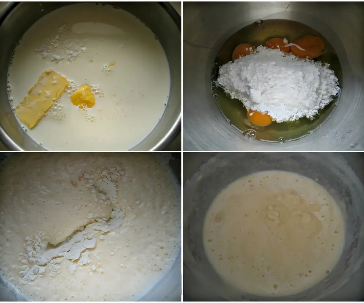 Milk, butter, sugar, eggs, and flour mixture showing stages of batter preparation.