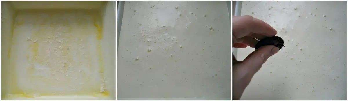 Greased and floured baking dish, poured batter, and prunes being added.