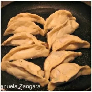 Collage of Kothey Momo images showing dumplings, chutney.