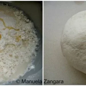 Mixing flour and water to form a smooth dough for Kothey Momo wrappers.