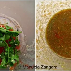 Process shots showing tomatoes and coriander blended for momo chutney.