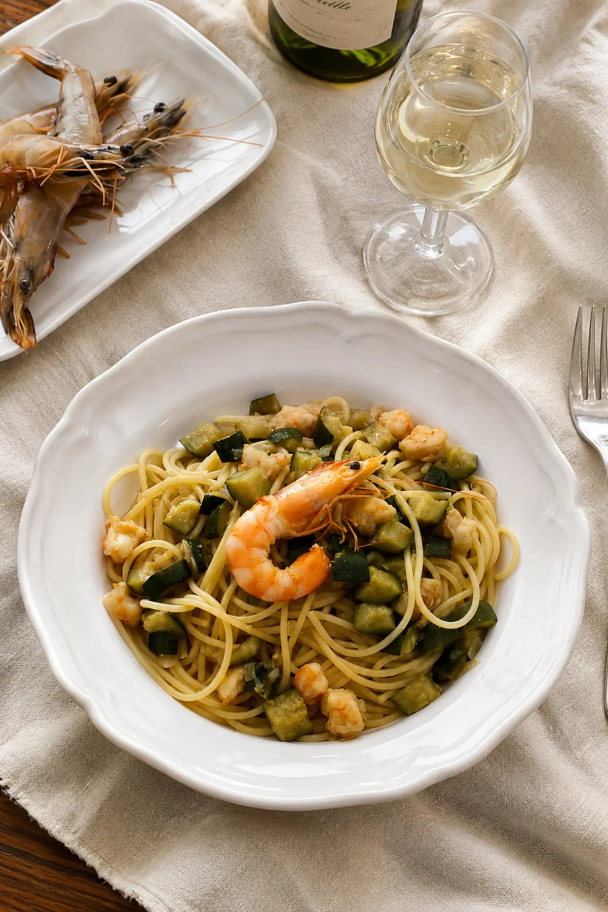 Spaghetti with prawns and zucchini served beside a glass of white wine.
