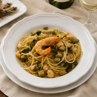 A bowl of spaghetti with prawns and zucchini served alongside white wine and fresh whole prawns.
