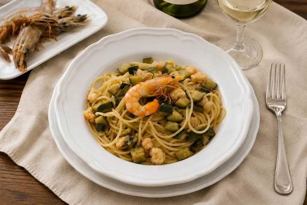 A bowl of spaghetti with prawns and zucchini served alongside white wine and fresh whole prawns.