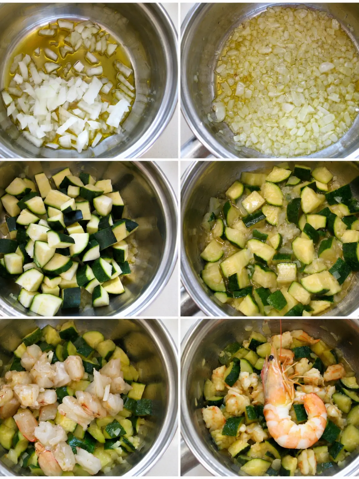 Onion, zucchini and prawns shown at different stages of preparing the pasta sauce.