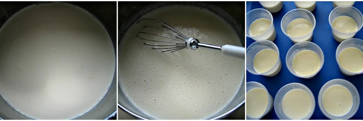Collage showing the warm cream and Parmigiano mixture in the pot, being whisked smooth, and poured into small cups to chill.