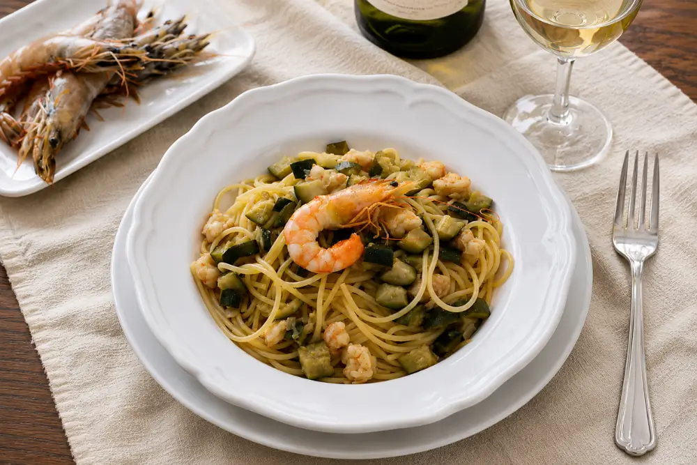 Spaghetti topped with chopped prawns, zucchini and a whole prawn for serving.
