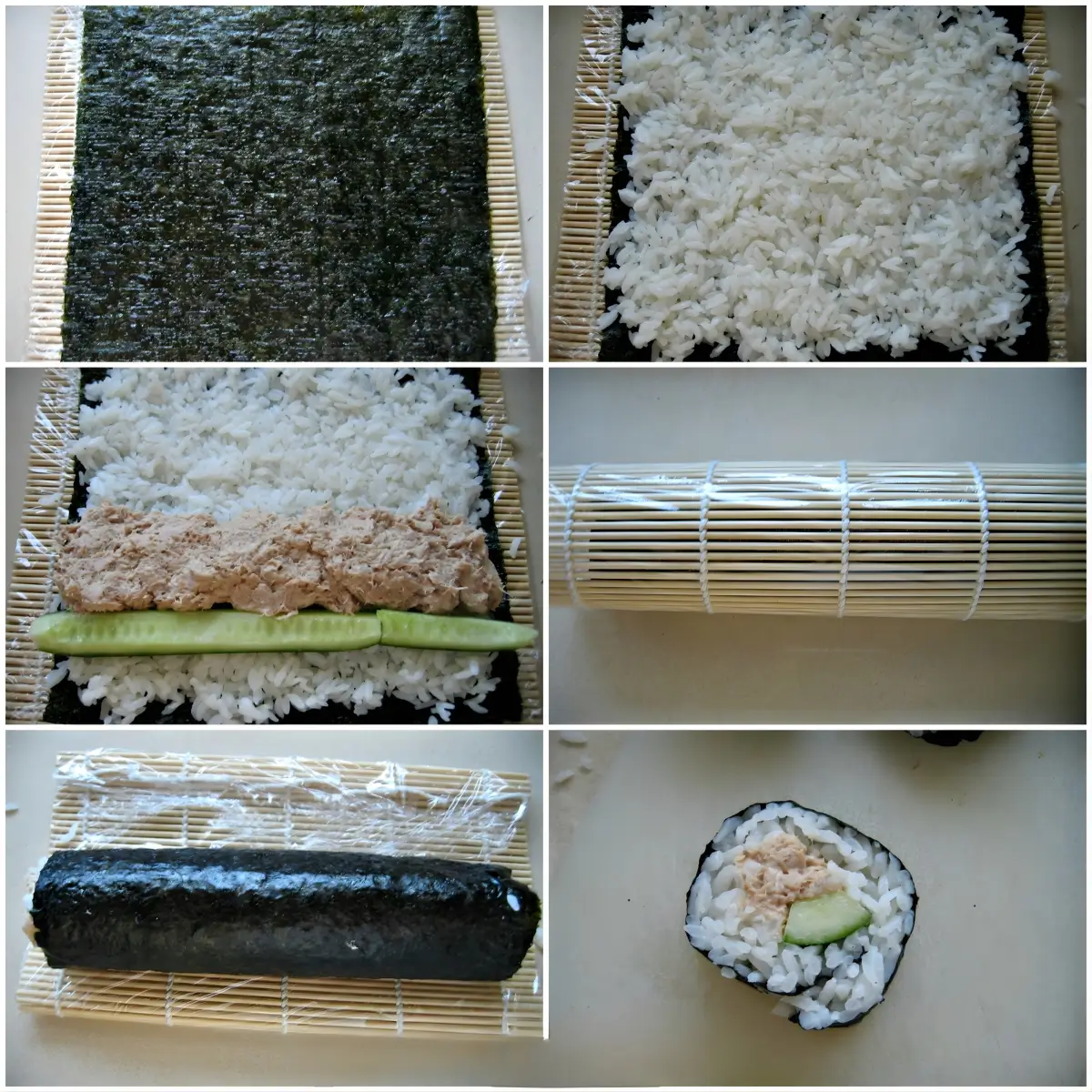 Collage showing nori, rice, tuna filling, cucumber, rolling with a bamboo mat, and a finished roll.