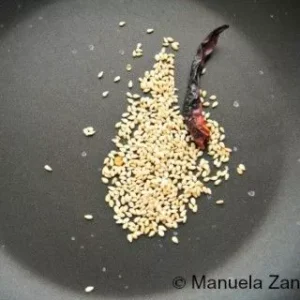 Toasting sesame seeds and dried chilli in a skillet for momo chutney.