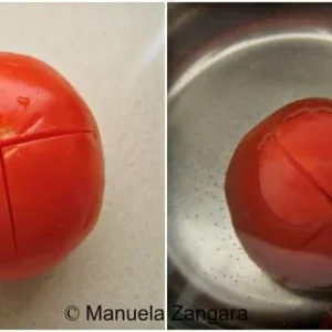 Blanching tomatoes in boiling water to prepare the chutney base.