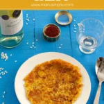 Crispy saffron rice fried in a pan until golden on both sides.