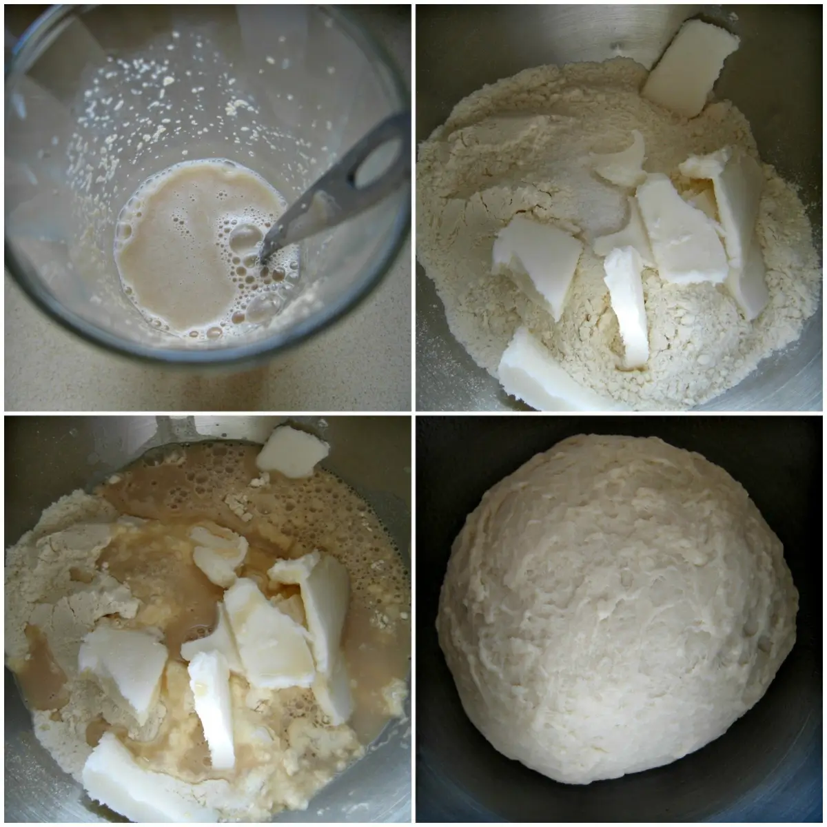 Yeast dissolving in lukewarm water and dough forming in mixing bowl.