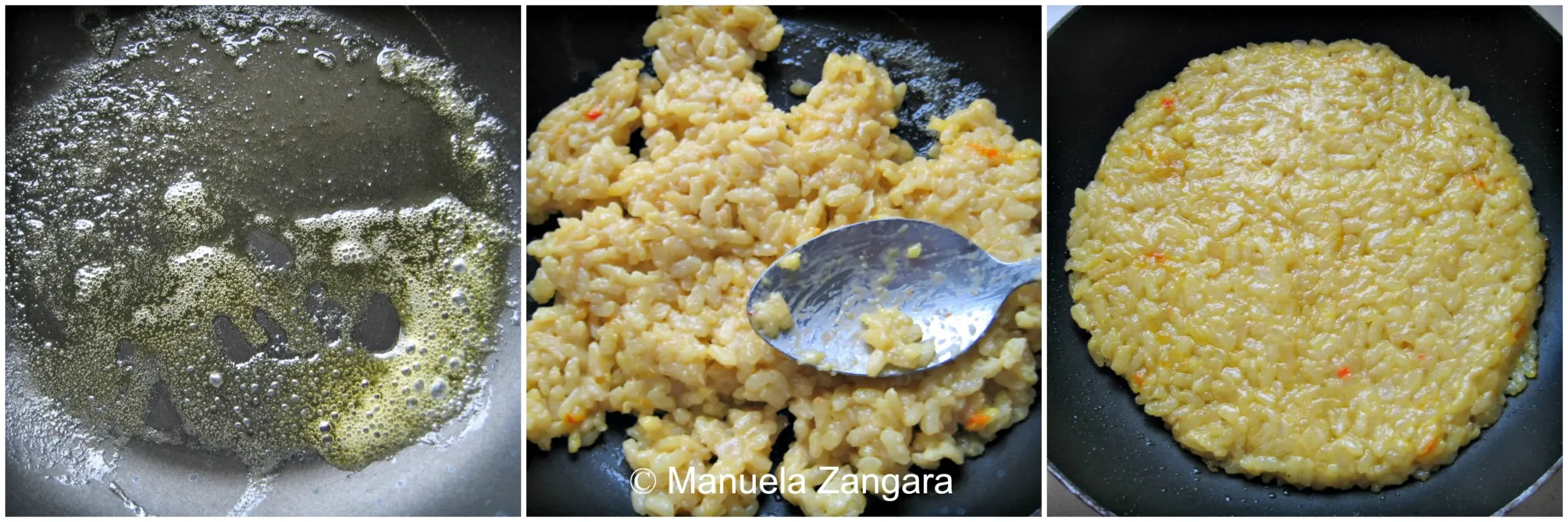Collage showing butter melting, risotto added to the pan, and rice flattened into an even layer.