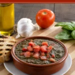 Rustic bowl of fresh tomato condiment served with grilled crostini and basil leaves.