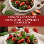 A bowl of baby spinach and rocket salad topped with sliced strawberries, toasted pecans and strawberry vinaigrette.