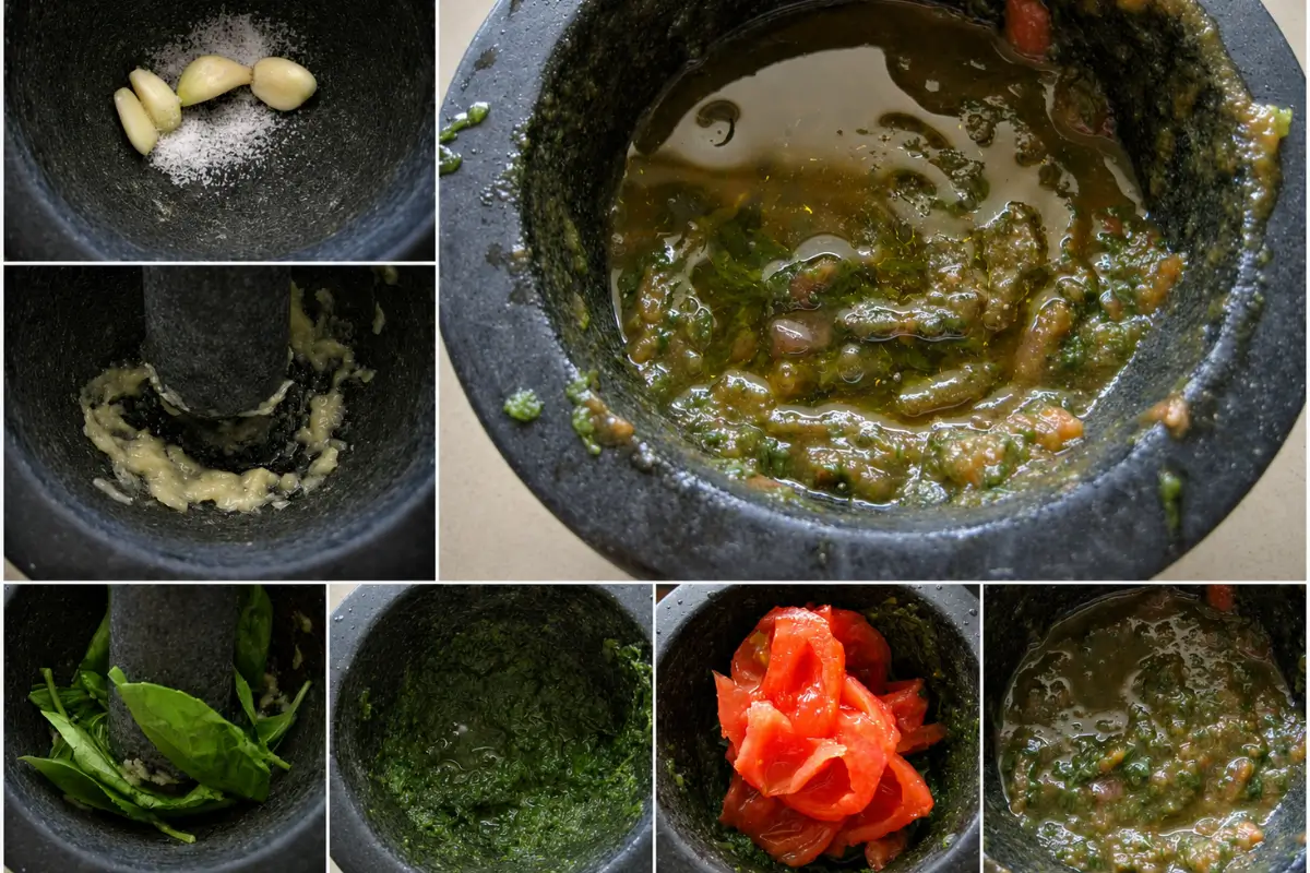 Garlic, basil and tomatoes being crushed in a mortar for Matarocco.