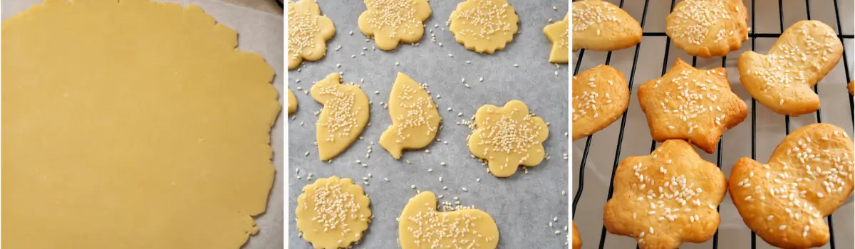 Parmigiano Reggiano cookies from rolled dough to sesame-topped cookies cooling on a wire rack.