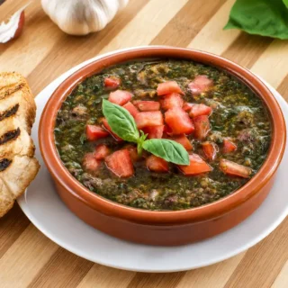 Bowl of Sicilian Matarocco topped with diced tomatoes and basil served with grilled crostini.
