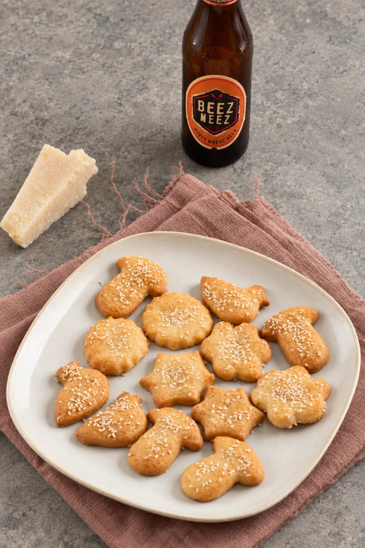 Golden Parmigiano Reggiano cookies topped with sesame seeds beside a wedge of cheese.