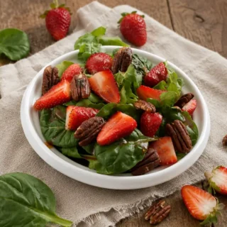 A bowl of Spinach and Rocket Salad with Strawberry Vinaigrette on a wooden table.