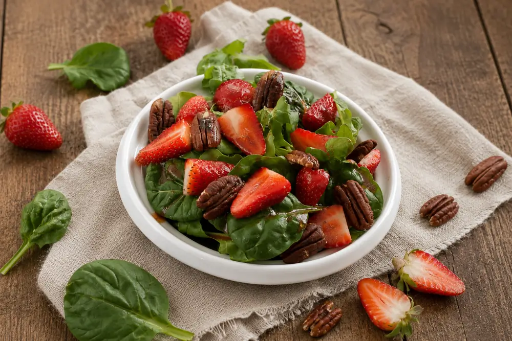 A bowl of Spinach and Rocket Salad with Strawberry Vinaigrette on a wooden table.
